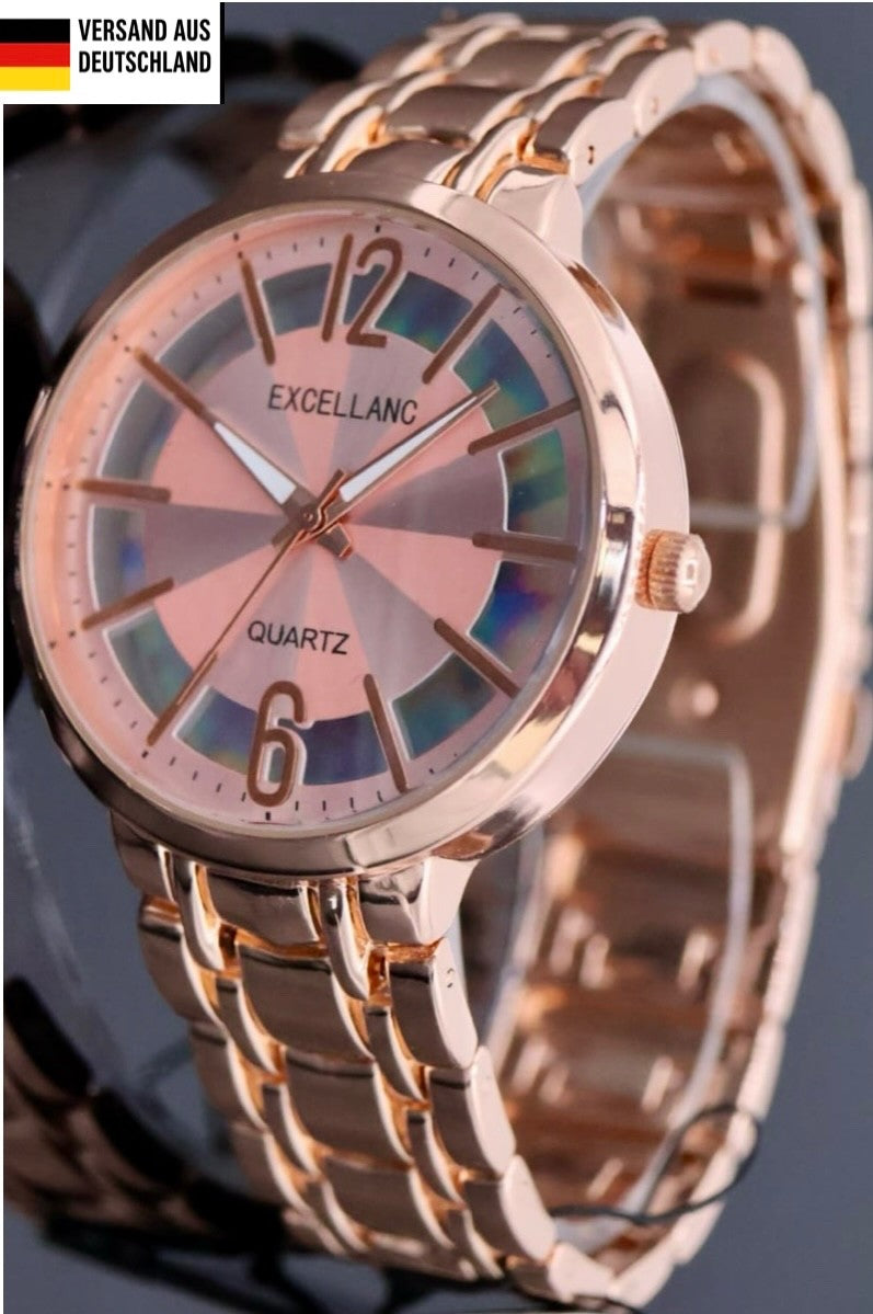 Excellanc Damen  Armband Uhr Rosé  Damenuhr  holografischer Effekt Mineralglas0