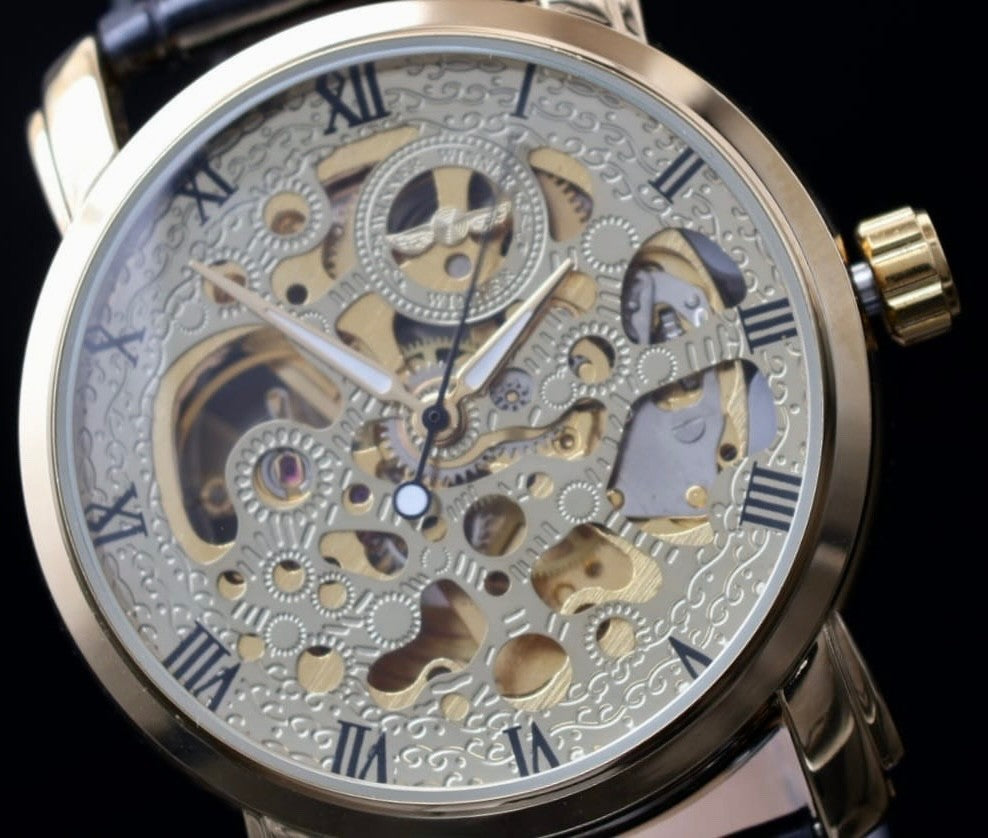 WINNER Herren Automatikuhr Gold Schwarz Skelett Vintage Uhr Leder Luxus Design2