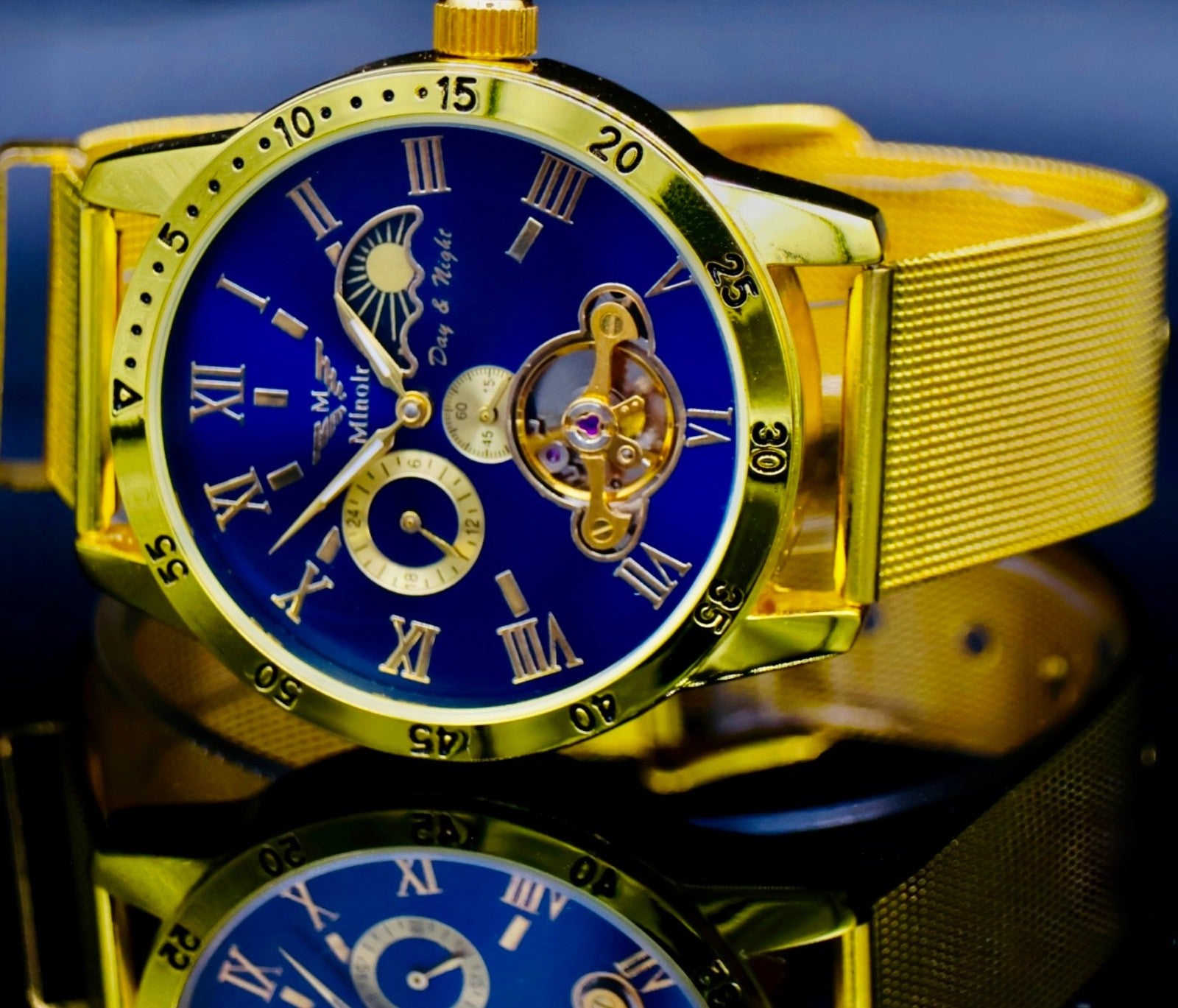 Mega Edle Minoir Automatikuhr Armbanduhr Herrenuhr offene Unruh + Glasboden Gold1