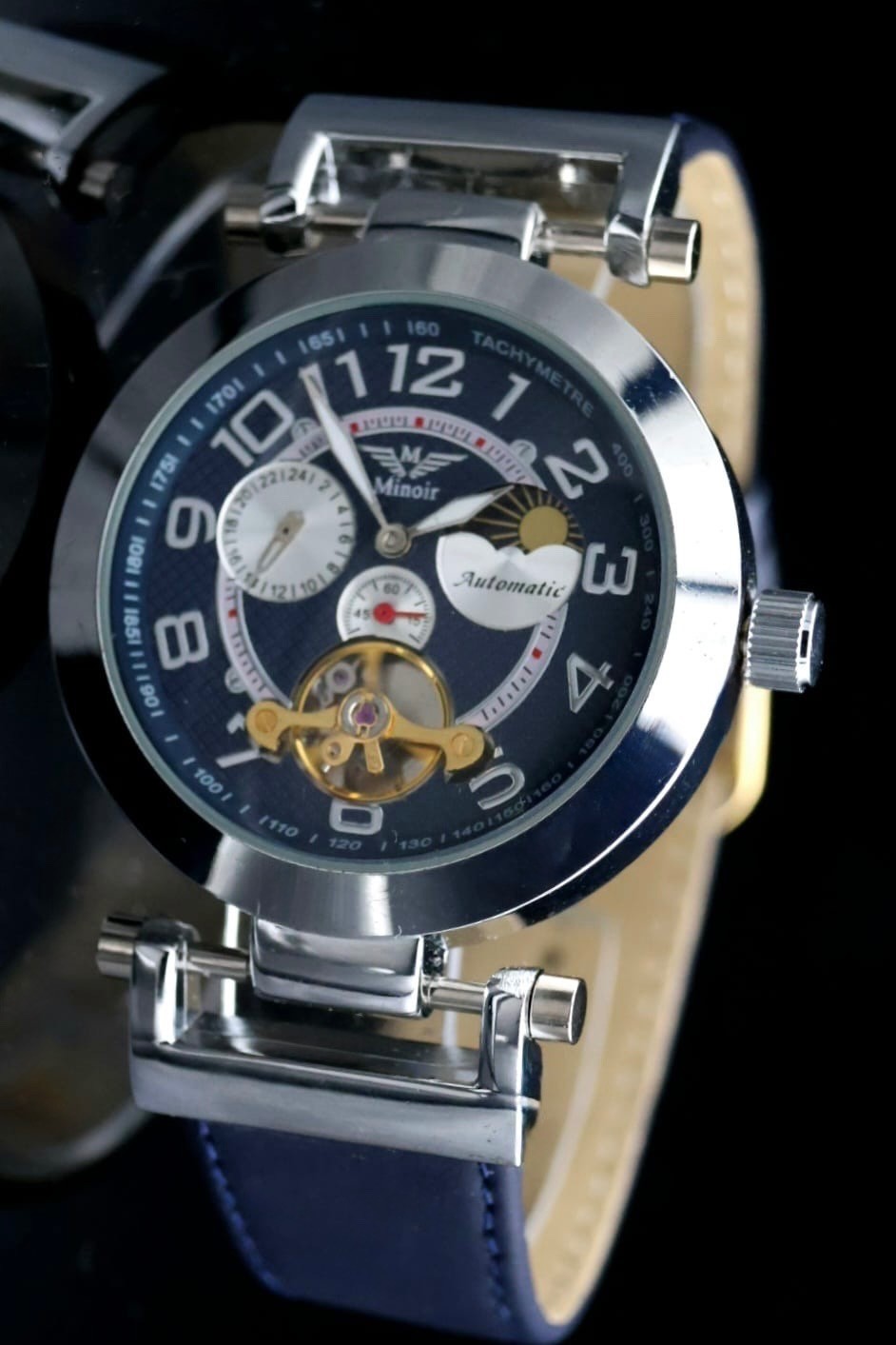 Edle Herren Uhr Automatikuhr Leder Armbanduhr Minoir  offene Unruh B-WARE * 720