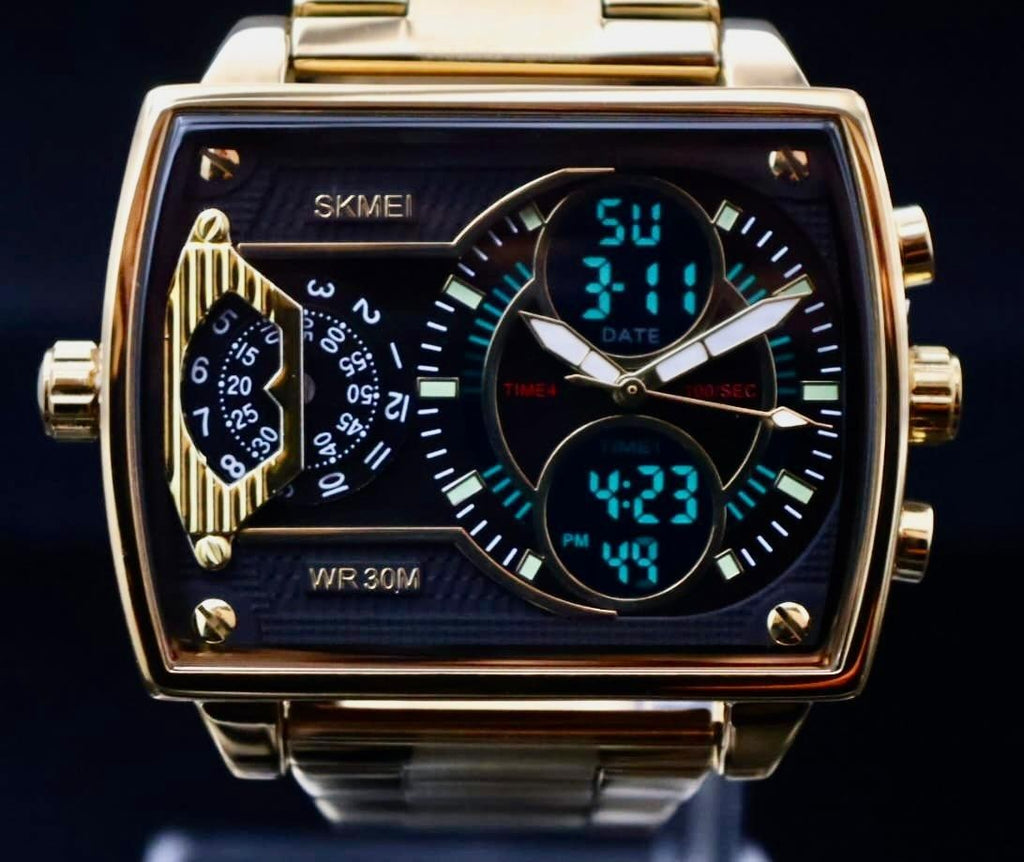 Sportliche Digital & Analog Herren Männer Uhr Armbanduhr Alarm Gold Farben NEU2