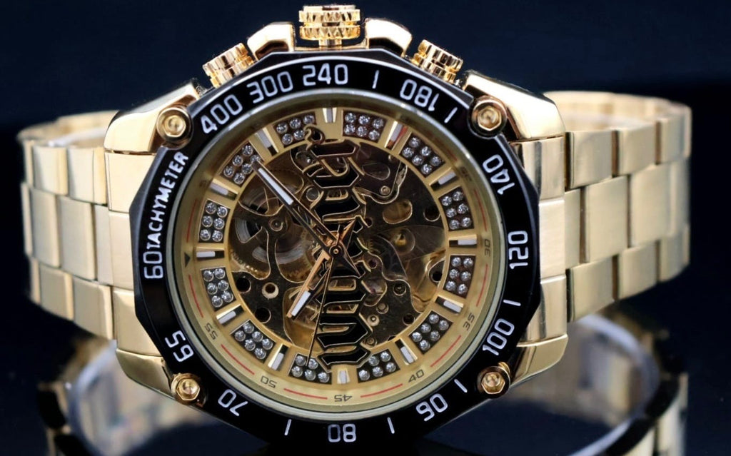 Winner Herren Uhr Automatik Armbanduhr Gold Farben Skelettuhr 48mm0