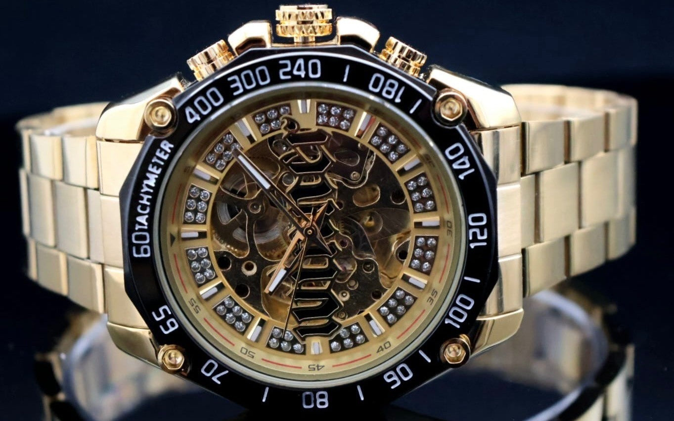 Winner Herren Uhr Automatik Armbanduhr Gold Farben Skelettuhr 48mm0