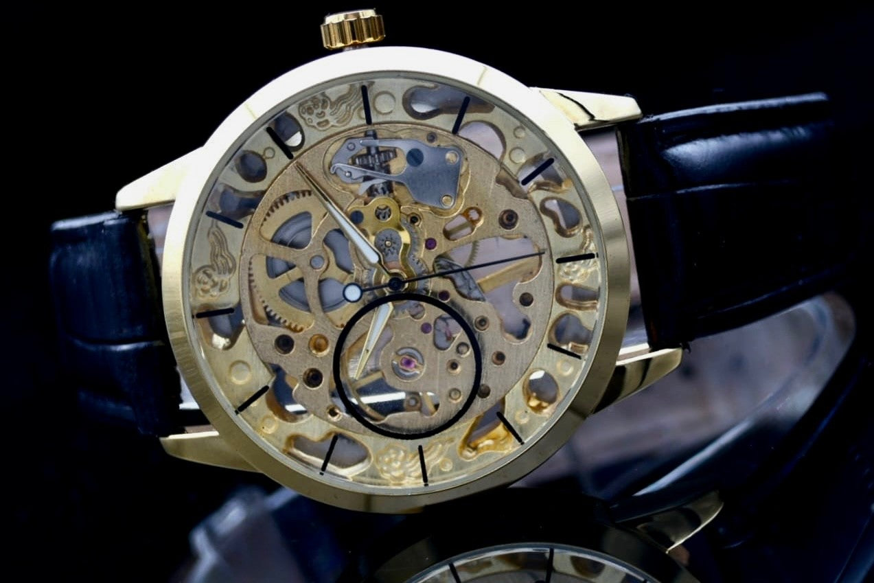 T-WINNER Herren Automatikuhr Gold Schwarz Farben Skelett Uhr Leder Top Design1