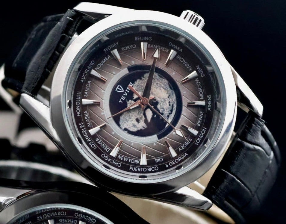 TEVISE Herren Automatik Armband Uhr Weltuhr Lederband Glasboden 42mm0