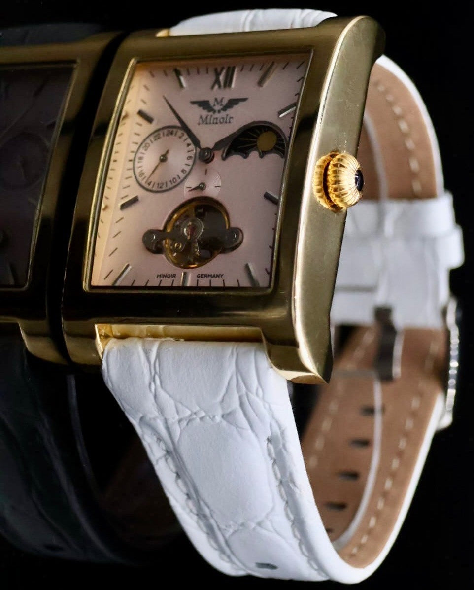 Klassische Herren Uhr Automatikuhr Armbanduhr  Rosé Minoir Lederband Herrenuhr0