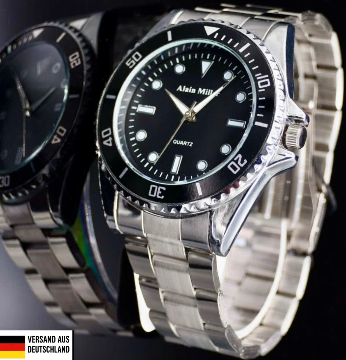 Alain Miller Herren Armband Männer Uhr Silber Schwarz Farben sportlichem Design0