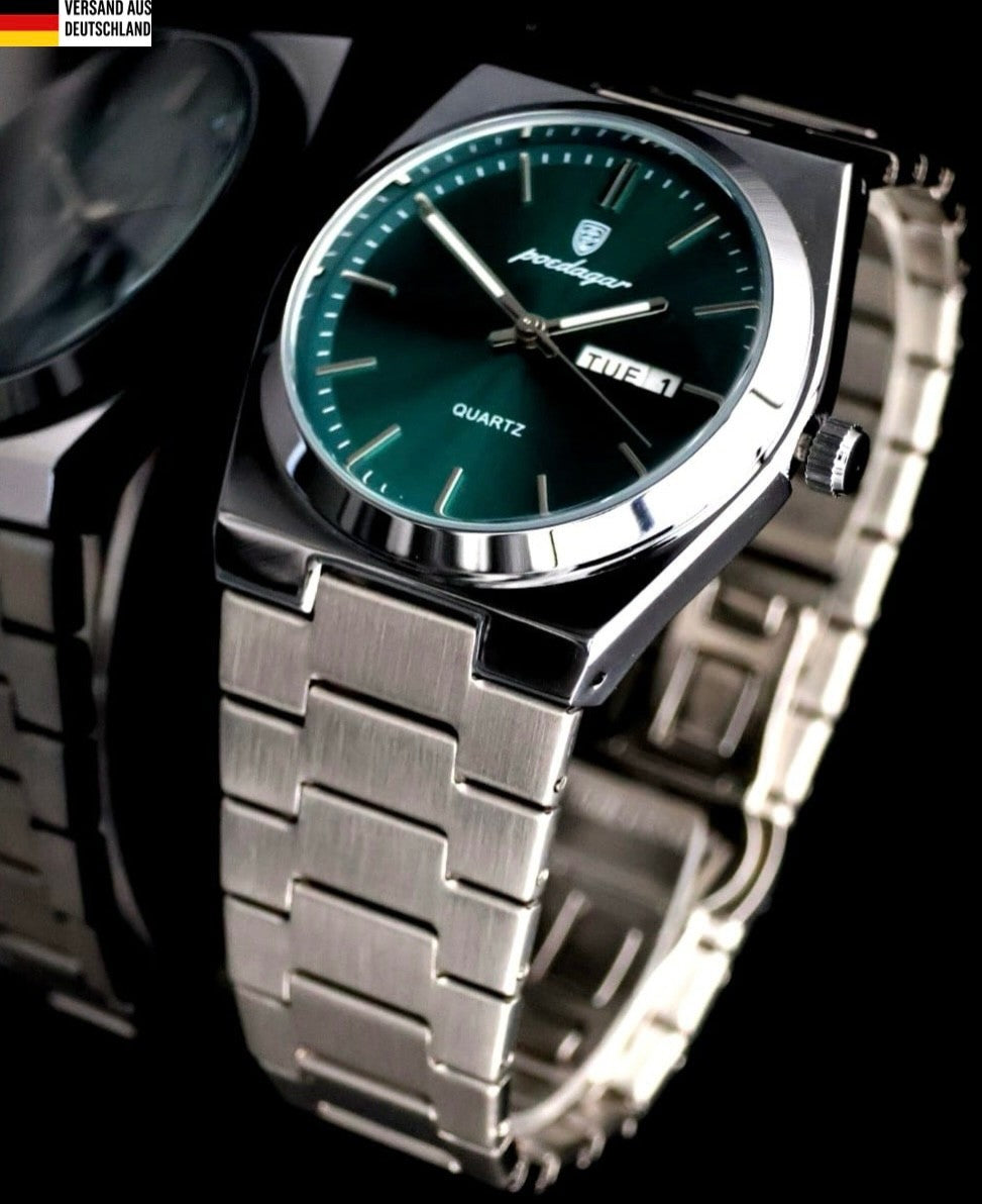 Schicke Herren Armband Uhr Grün Silber Farben Herrenuhr mit Tag/Datumsanzeige0