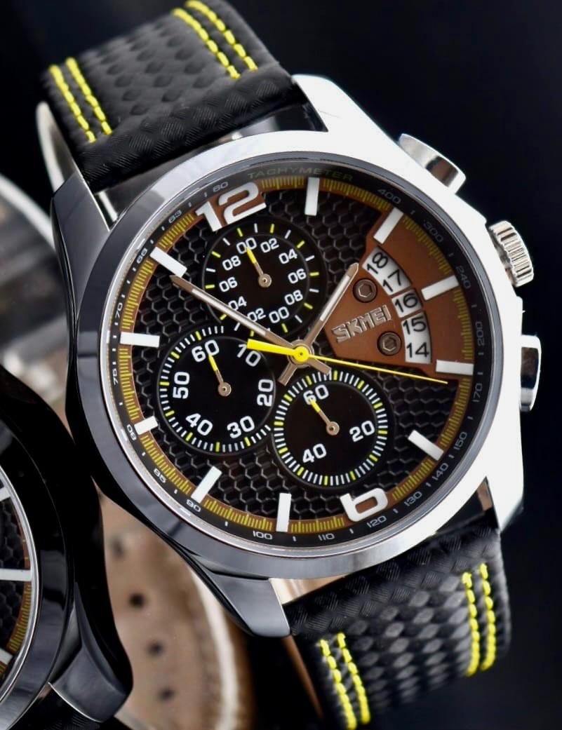 SKM - HERRENUHR - SPORT DESIGN - SCHWARZ - DATUM - CHRONOGRAPH - LEDERARMBAND0