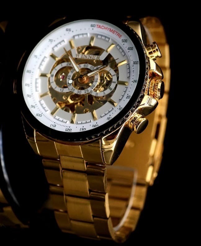 Winner Automatik Herren Uhr - Edelstahl Weiß-Gold Farben Herrenuhr Leuchtzeiger0
