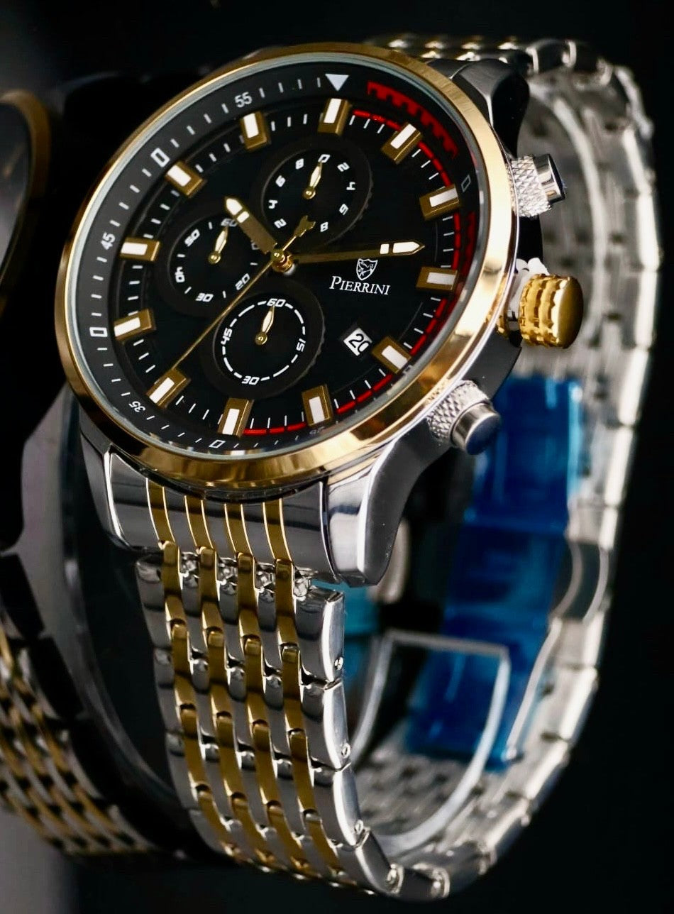Pierrini Herren Armband Uhr Chronograph Stoppuhr Datum Bicolor Neu mit Box # 731