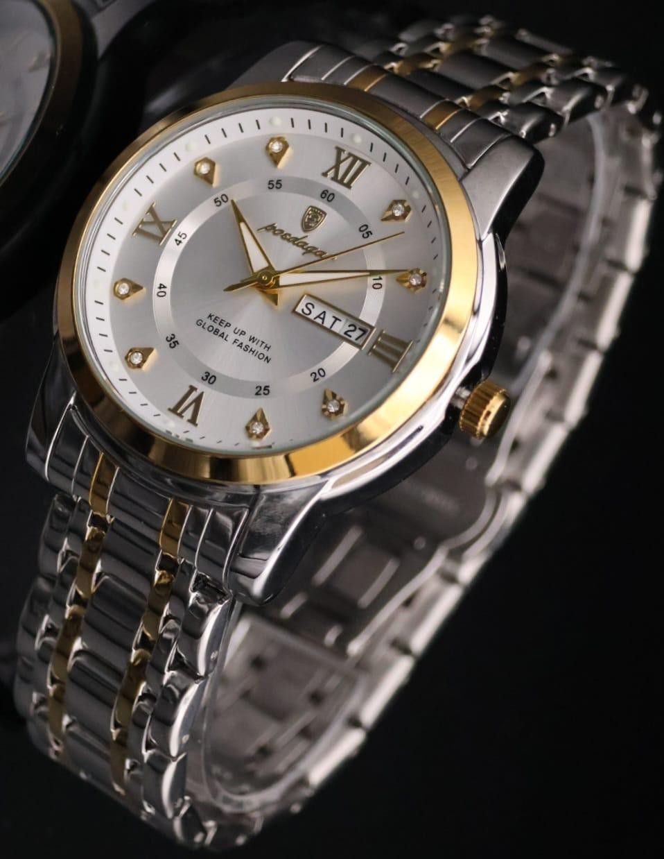 Herren Edelstahl Armband Uhr Herrenuhr Weiß Bicolor Farben mit Tag/Datumsanzeige0