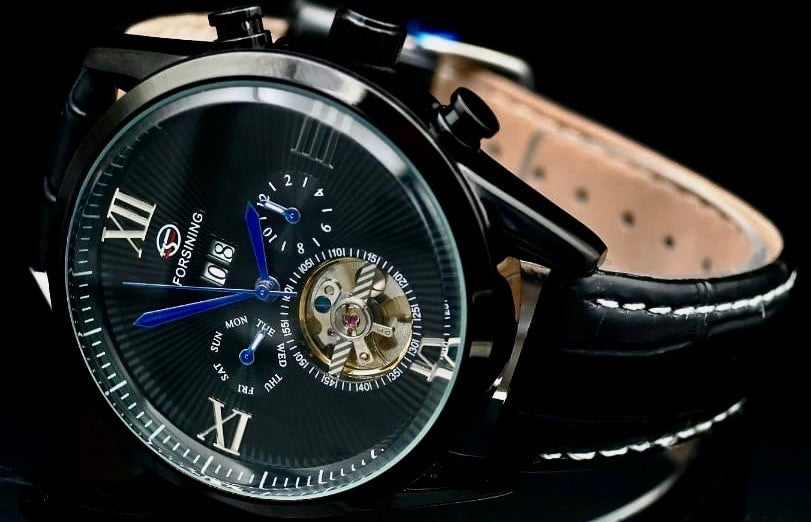 FORSINING Herren Automatik Uhr Herrenuhr Schwarz  mit blauen Zeigern Design TOP0