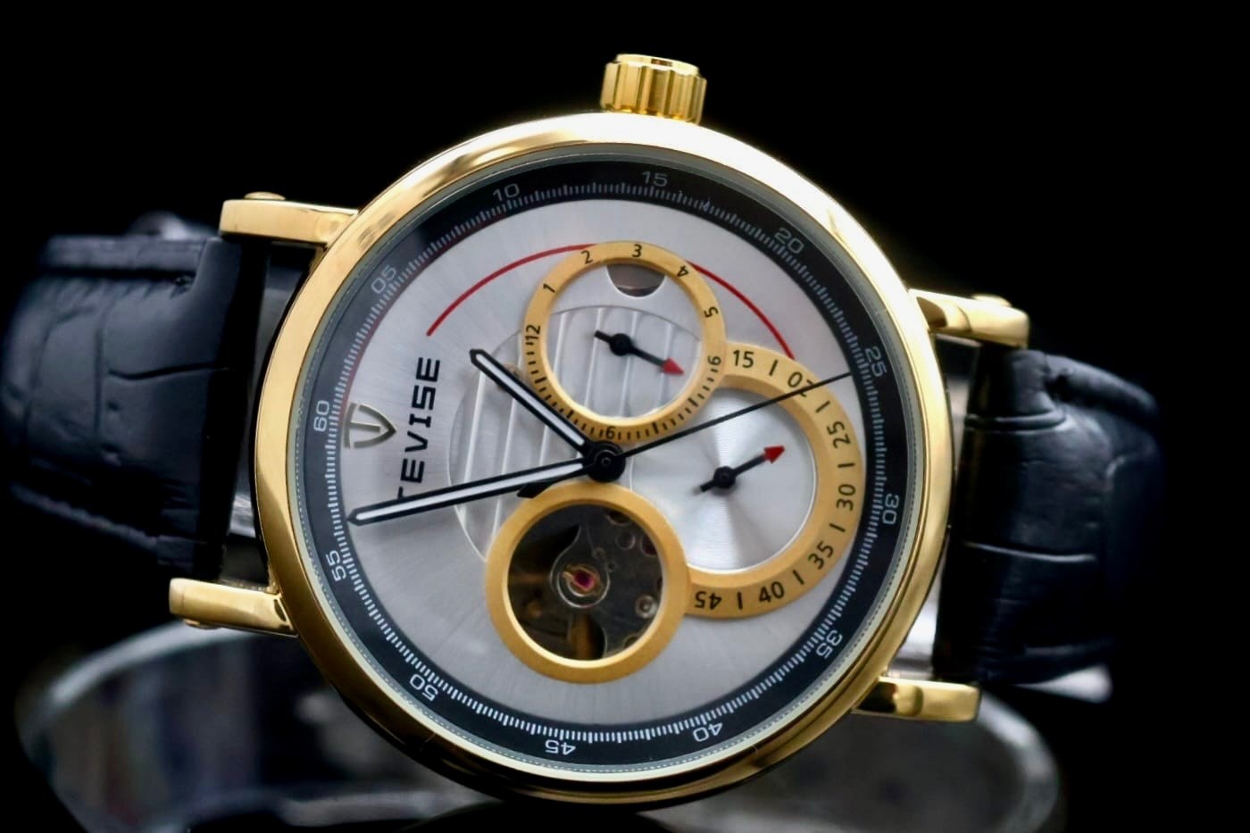 TEVISE Herren Automatik Armband Uhr Weiß Schwarz Farben Leder Sichtboden 42mm1