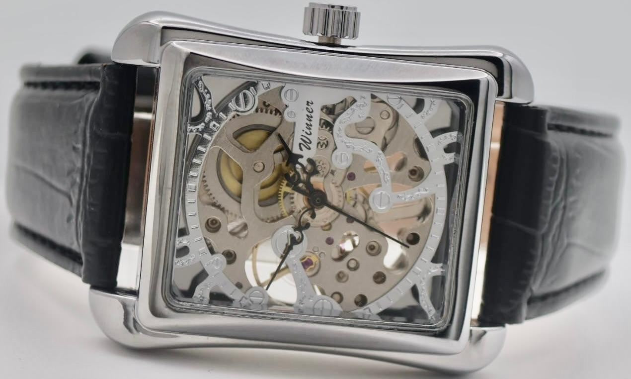 Winner Herren Automatik Uhr SilberFarben Mechanisch Lederband Skelettuhr 34x34mm1
