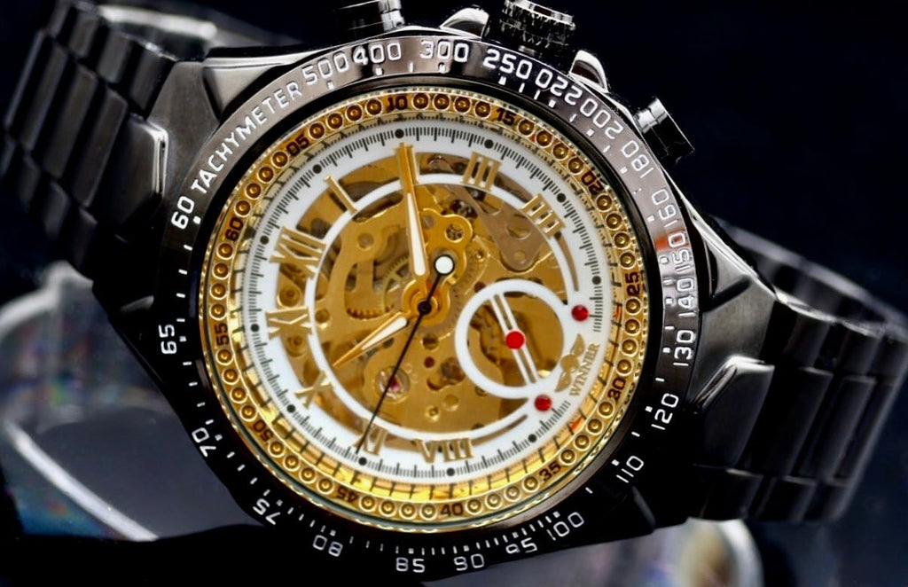 Winner Herren Automatikuhr Gold Schwarz Mechanisch Skelett Uhr Edelstahl 48mm1