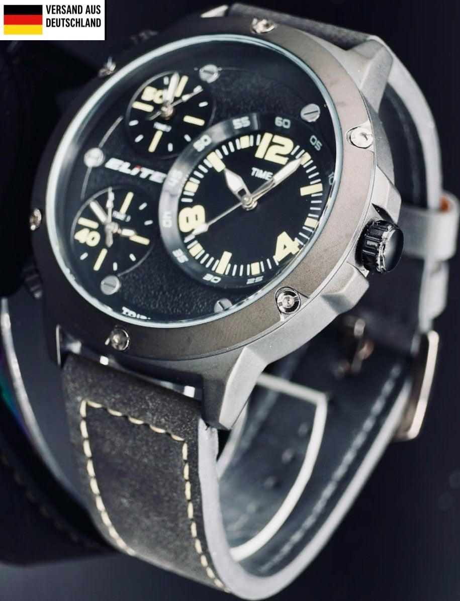 Elite XXL Herren Armband Uhr Schwarz Gelb Farben  Triple Timer0