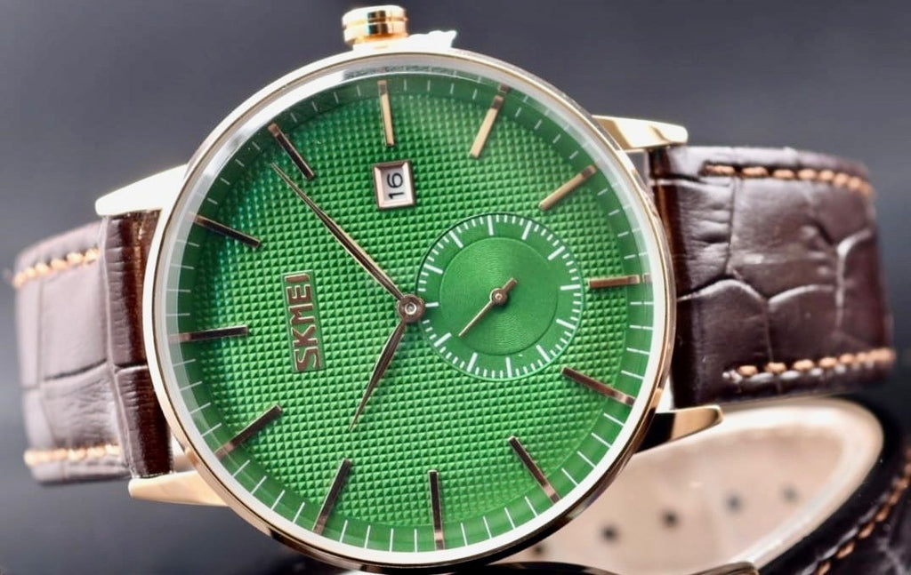 HERREN - UHR - SKM - SEKUNDENANZEIGE - DATUM - LEDERBAND - GRÜN - 40MM - NEU1