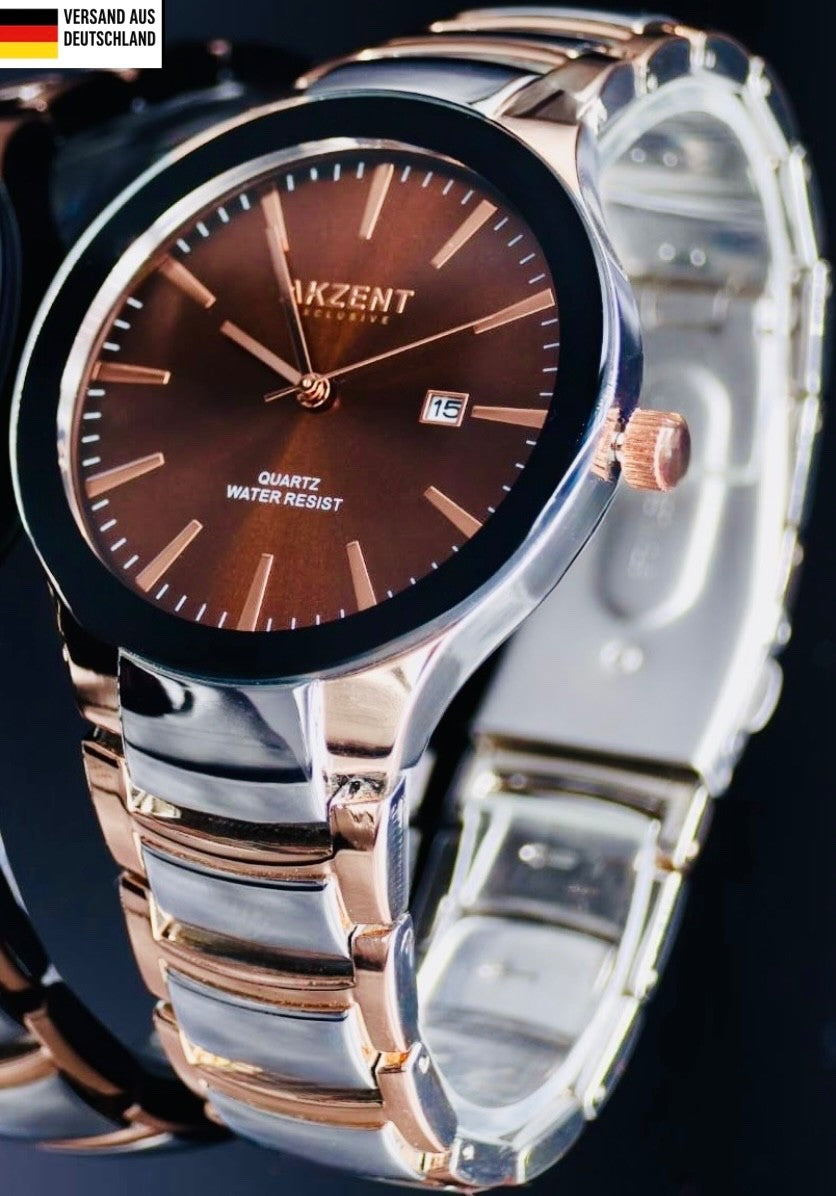 Akzent Herren Männer Armband Uhr  Silber Rose Gold Braun Farben Datum0