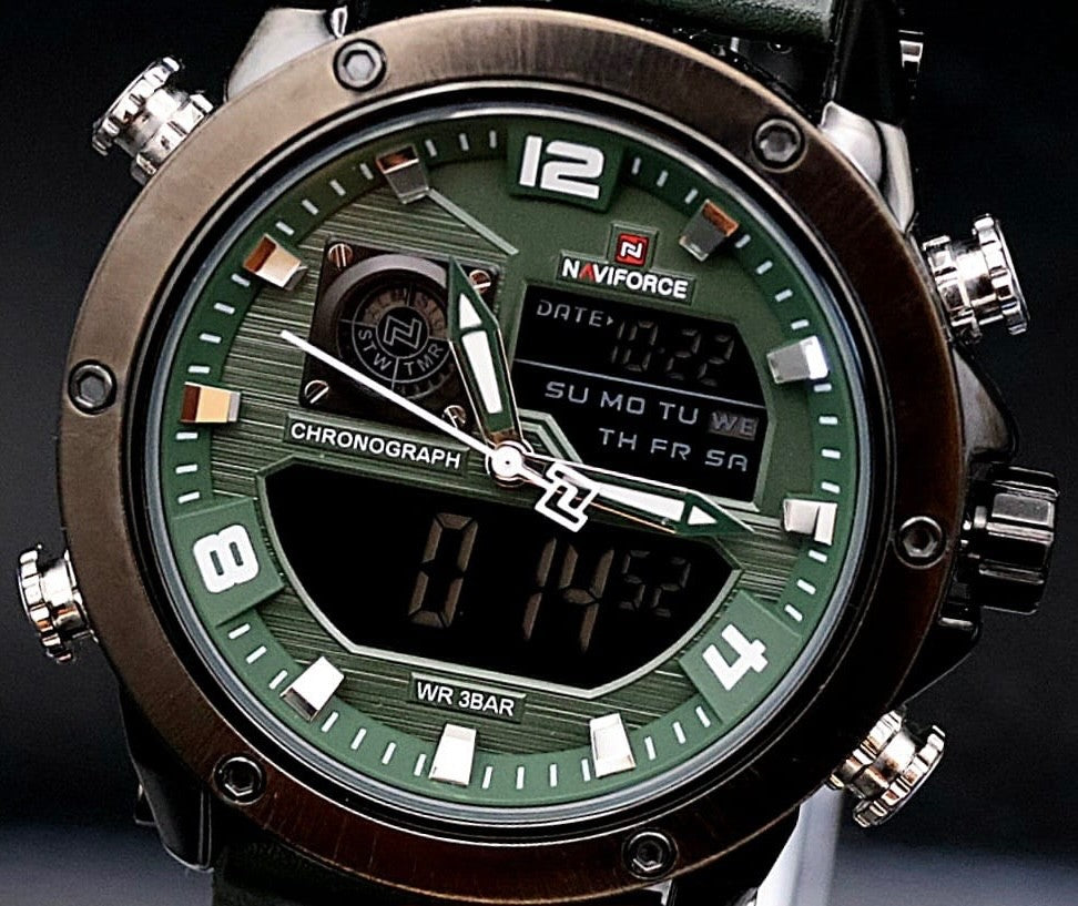 Sportliche Digital & Analog Herren Männer Uhr Armbanduhr Grün Bronze Farben NEU1