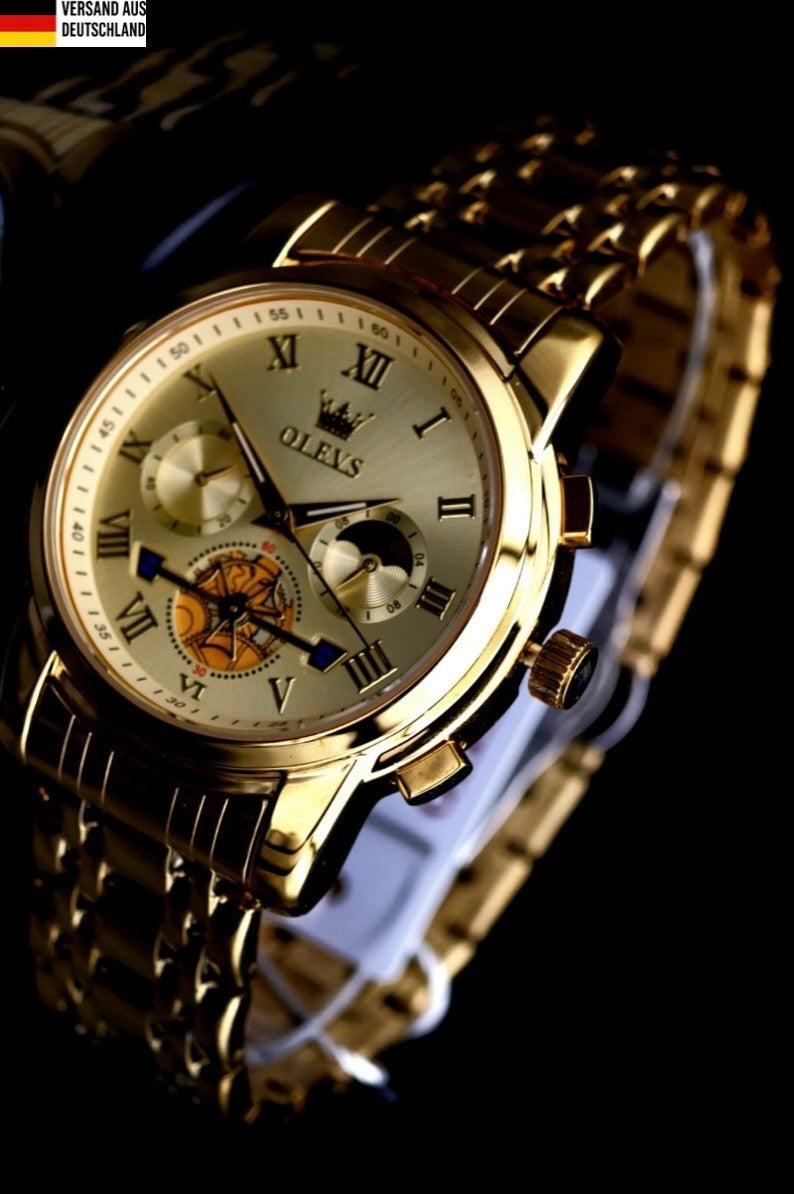 Herren Männer Armband Uhr Chronograph Stoppuhr Datum Gold Farben NEU * 760