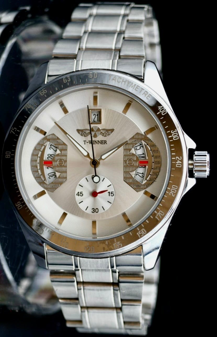 T-Winner Herren Automatikuhr Silber Mechanisch Skelett Uhr Edelstahl Luxus Datum1