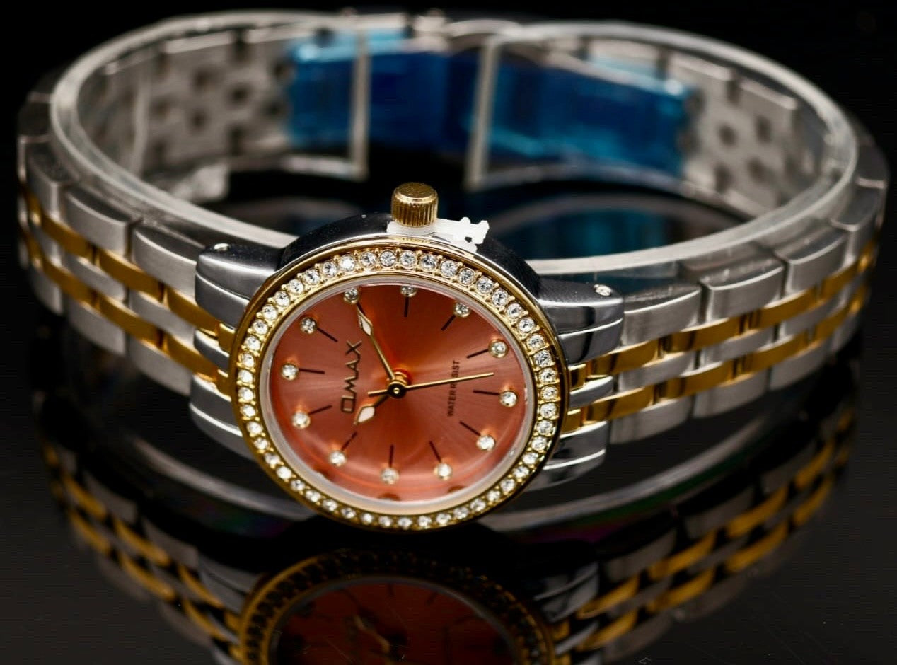 Omax Damen Armband Uhr Silber Gold Farben Bicolor Damenuhr Strass IP Veredelt *1