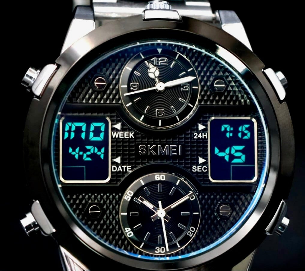 Sportliche Digital & Analog Herren Männer Uhr Armbanduhr Silber Farben 52mm NEU0