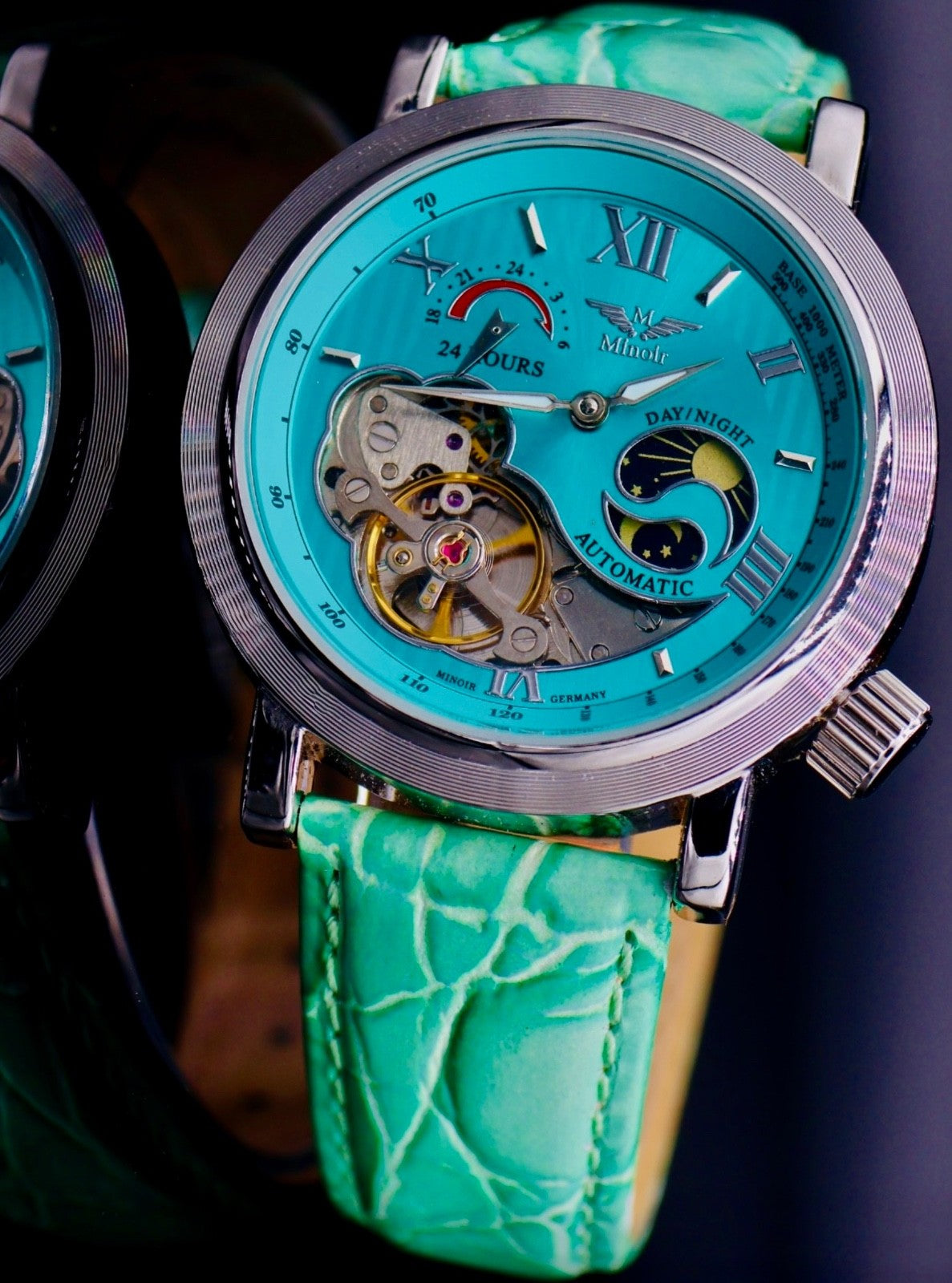 Herren Männer Uhr Automatik Armbanduhr Türkis Farben Minoir Herrenuhr  Lederband1