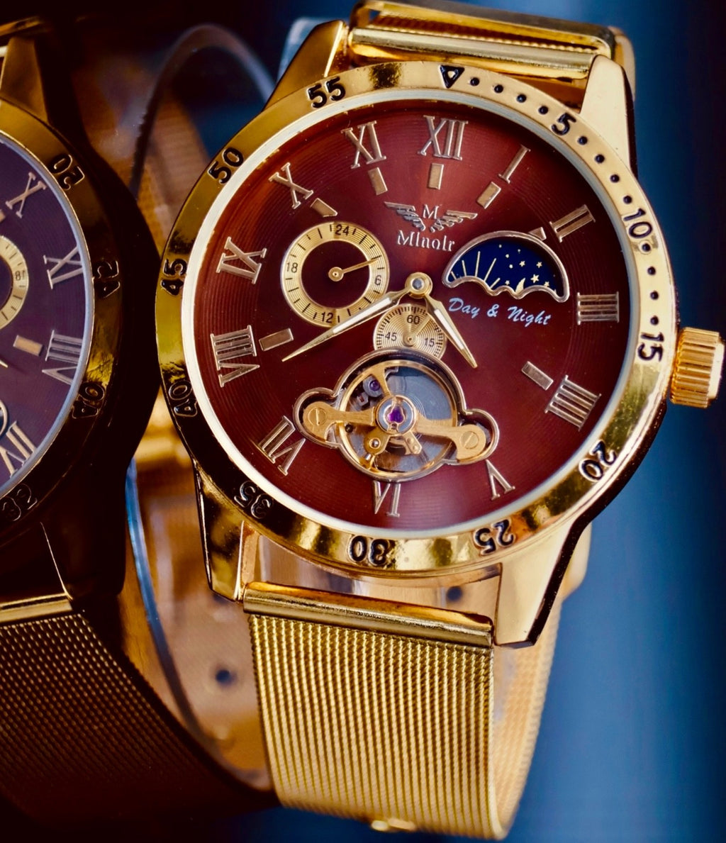 Minoir Herren Uhr Automatikuhr Armbanduhr Braun Gold Farben Herrenuhr Glasboden0