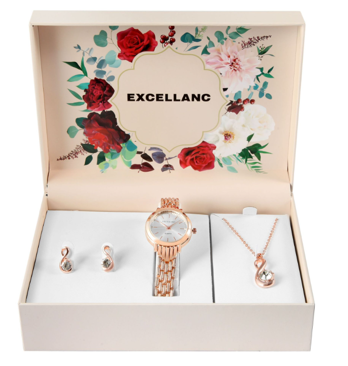 Excellanc Damen Geschenkset Armbanduhr Halskette und Ohrringe Roségold Farben1