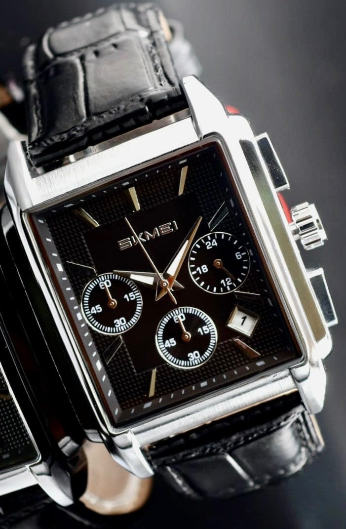 Edle Herren Männer Armband Uhr Chronograph Stoppuhr Datum Schwarz Silber Farben0