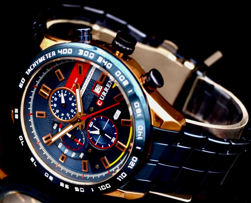 Edle Herren Männer Armband Uhr Chronograph Stoppuhr Datum NEU Rosé Blau Farben #1