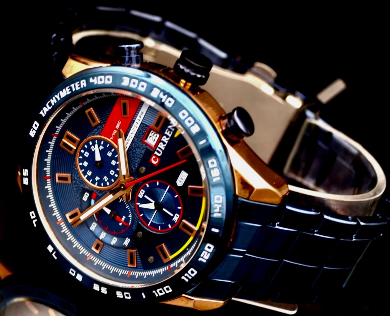 Edle Herren Männer Armband Uhr Chronograph Stoppuhr Datum NEU Rosé Blau Farben #1