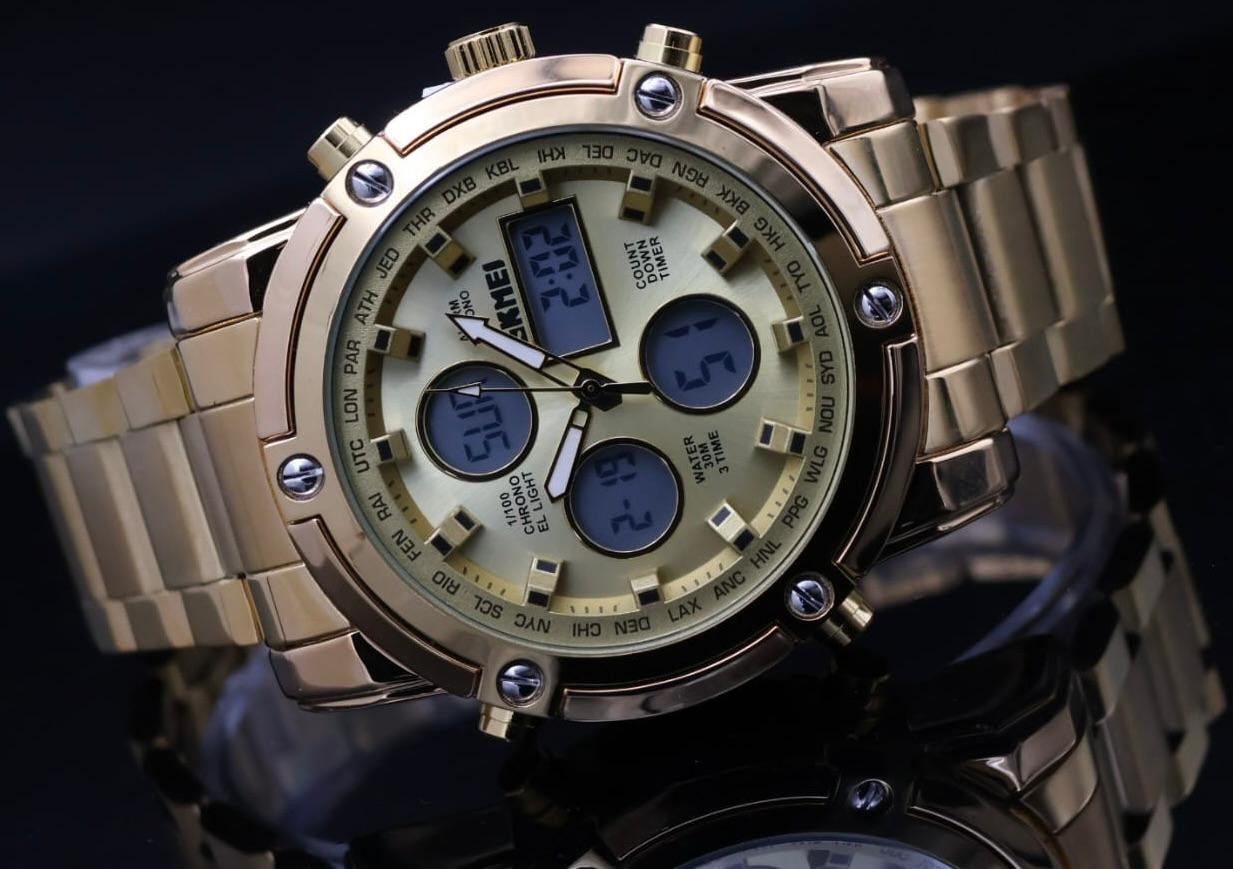 Digital & Analog Herren Männer Uhr Armbanduhr Sport Design Gold Farben 48mm NEU0