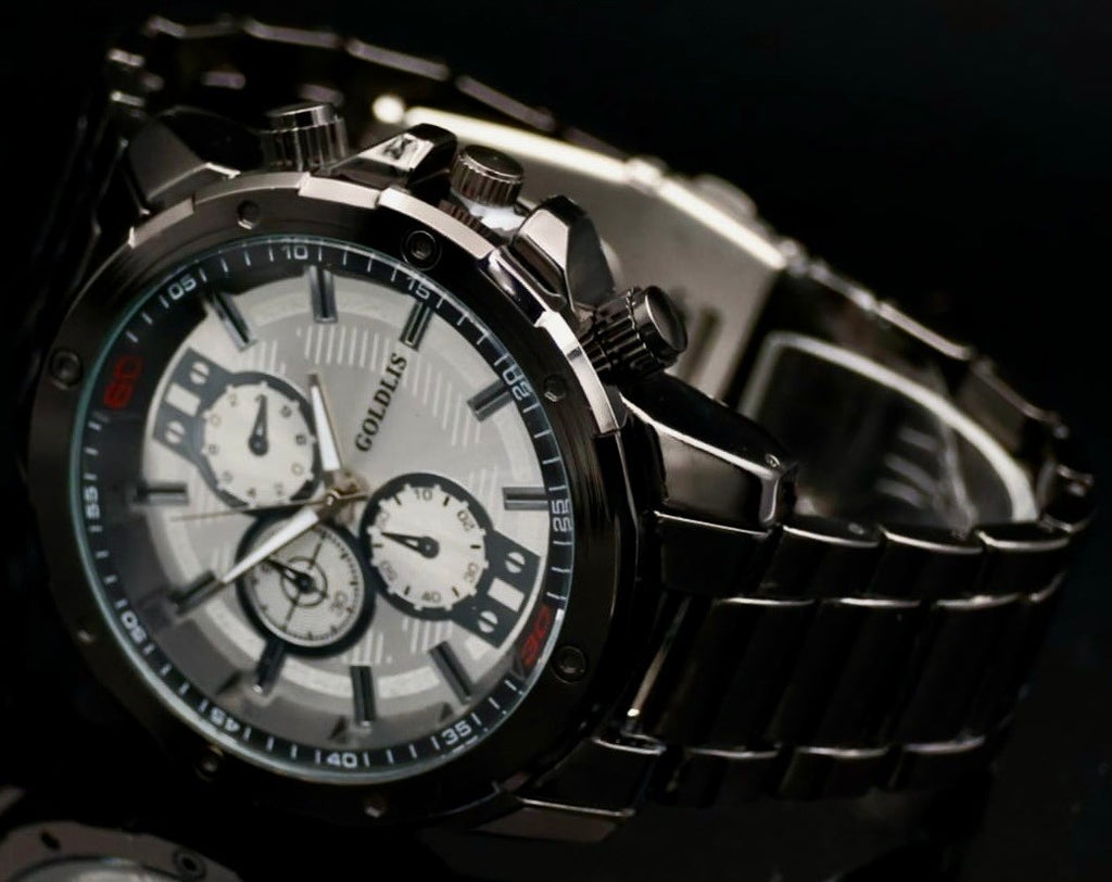 XL Herren Armband Männer Uhr Schwarz Silber Farben Chrono Look NEU * 621