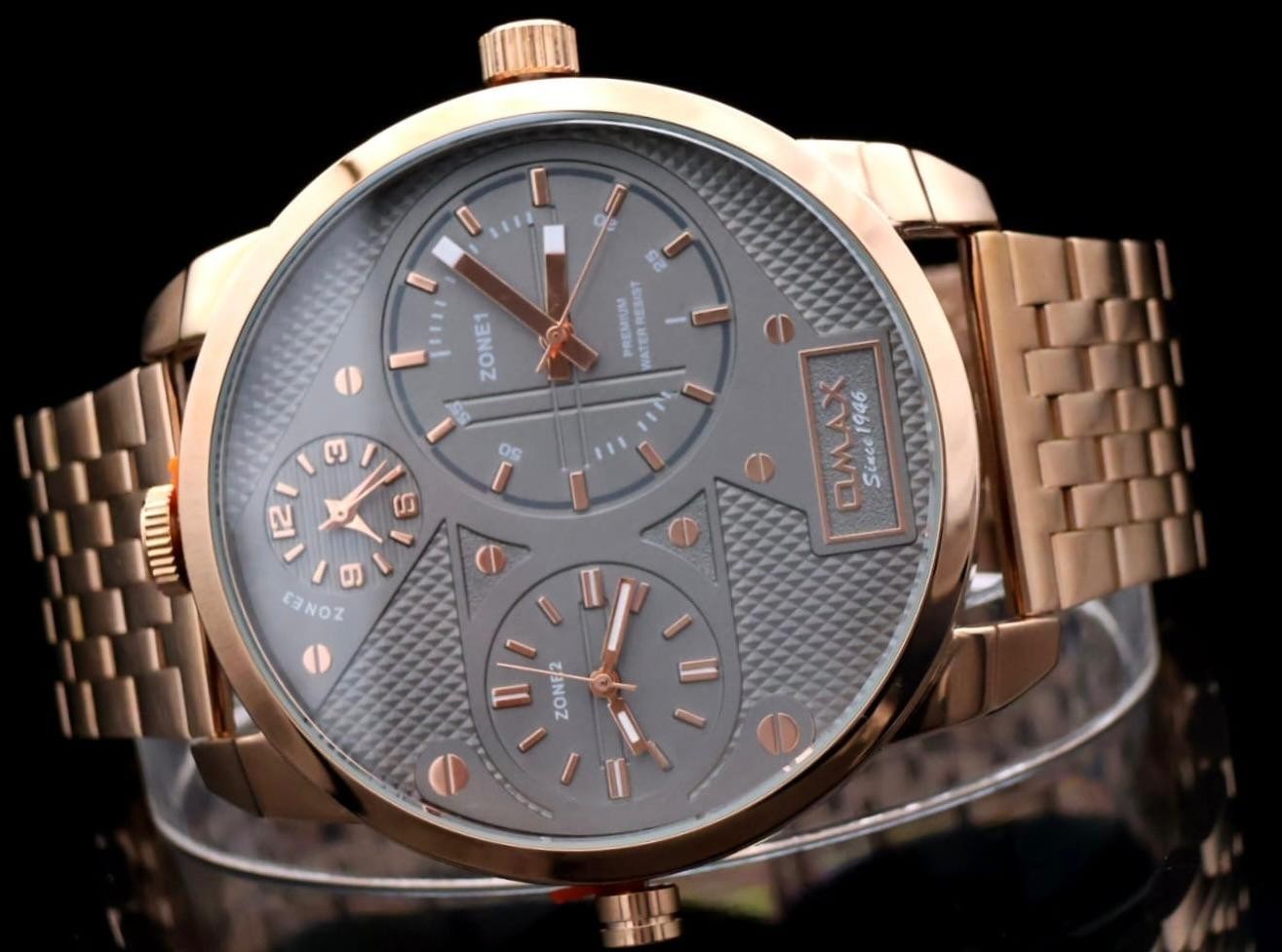 XXL Omax Monster Watch Herren Armband Uhr Grau Rosé  Dual Tripple Timer NEU **1