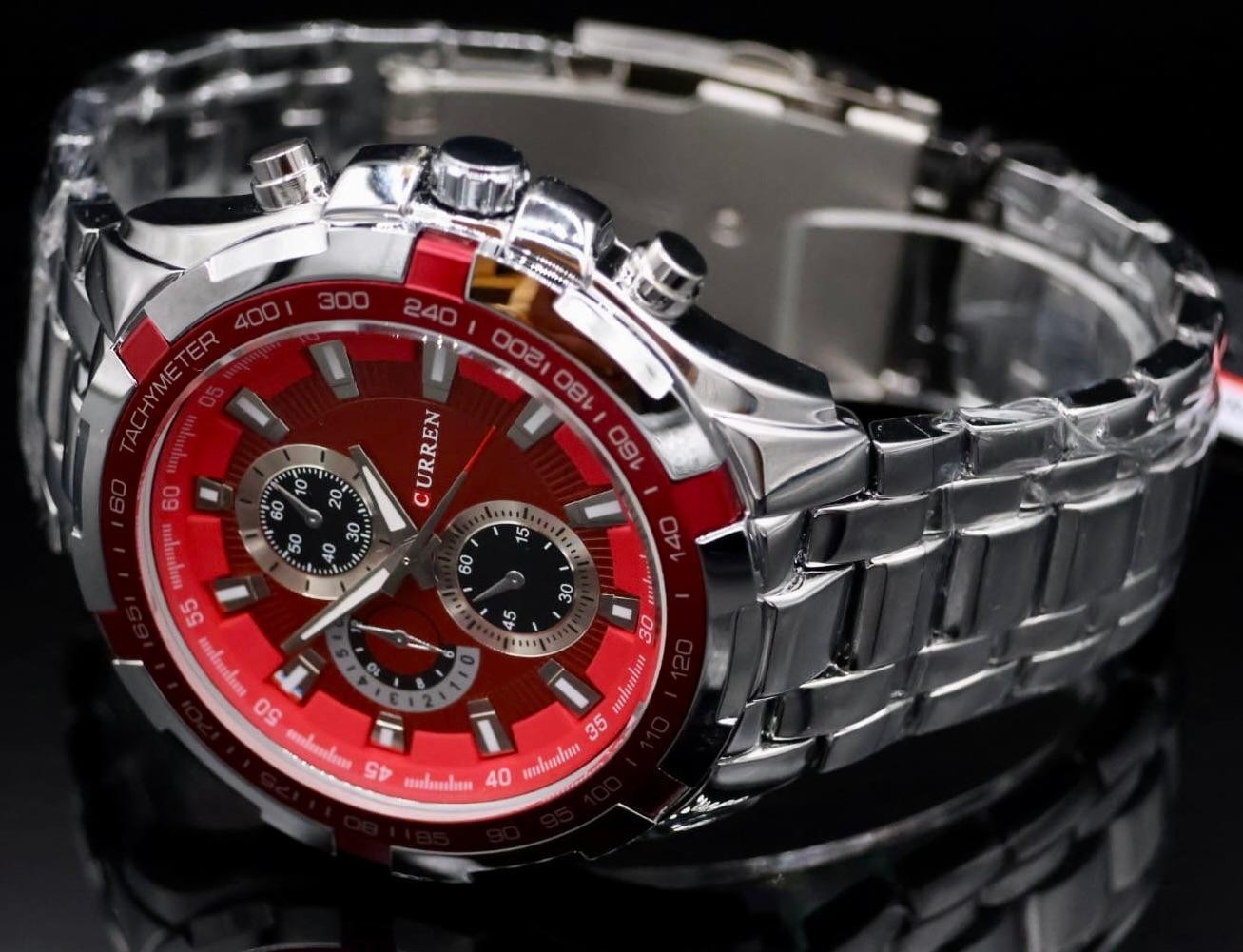 Mega Edle Herren Männer Uhr Armbanduhr Herrenuhr Rot Silber Farben Chrono Look1