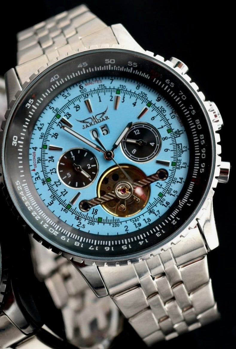 JARAGAR - AUTOMATIK - HERREN - UHR - EDELSTAHL - KALENDER - TÜRKIS -  50MM - NEU0