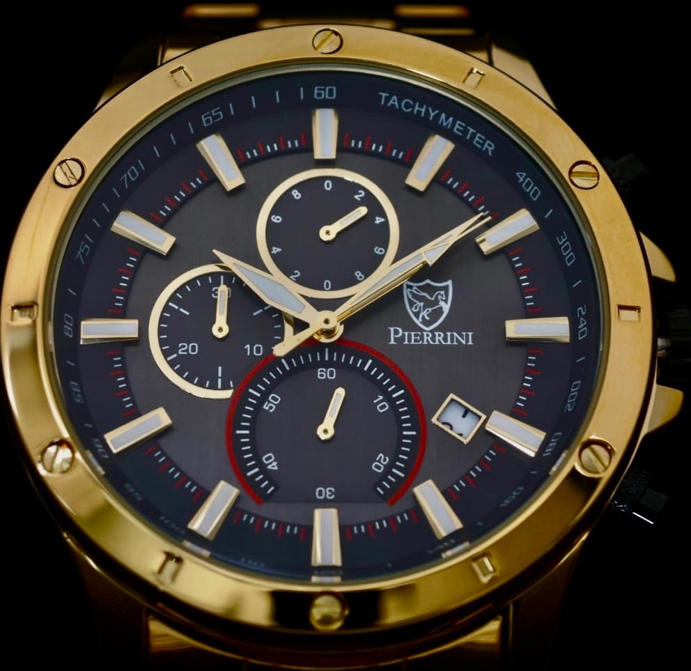 Edle Pierrini Herren Armband Uhr Chronograph Stoppuhr Datum Schwarz Gold Farben2