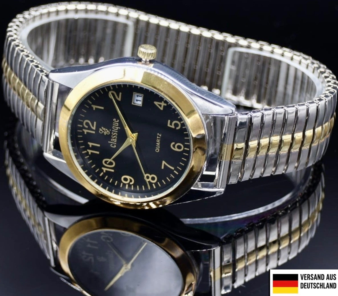 Classique Herren Uhr Armband Schwarz Bicolor Edelstahl Zugarmband Datumsanzeige0