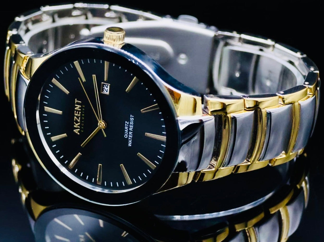 Akzent Herren Männer Armband Uhr Schwarz Silber Gold Farben Datum Flaches Design1