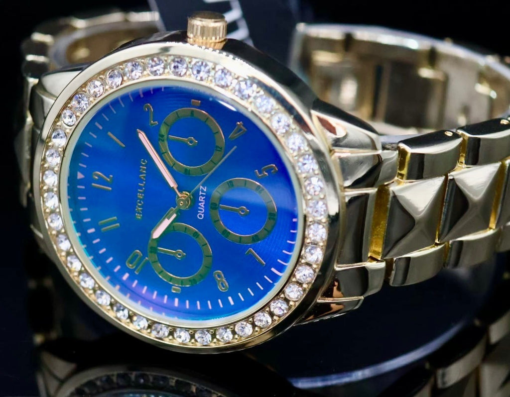 Excellanc  Damen  Armband Uhr Blau Gold Farben Damenuhr Strass Chrono-Look1