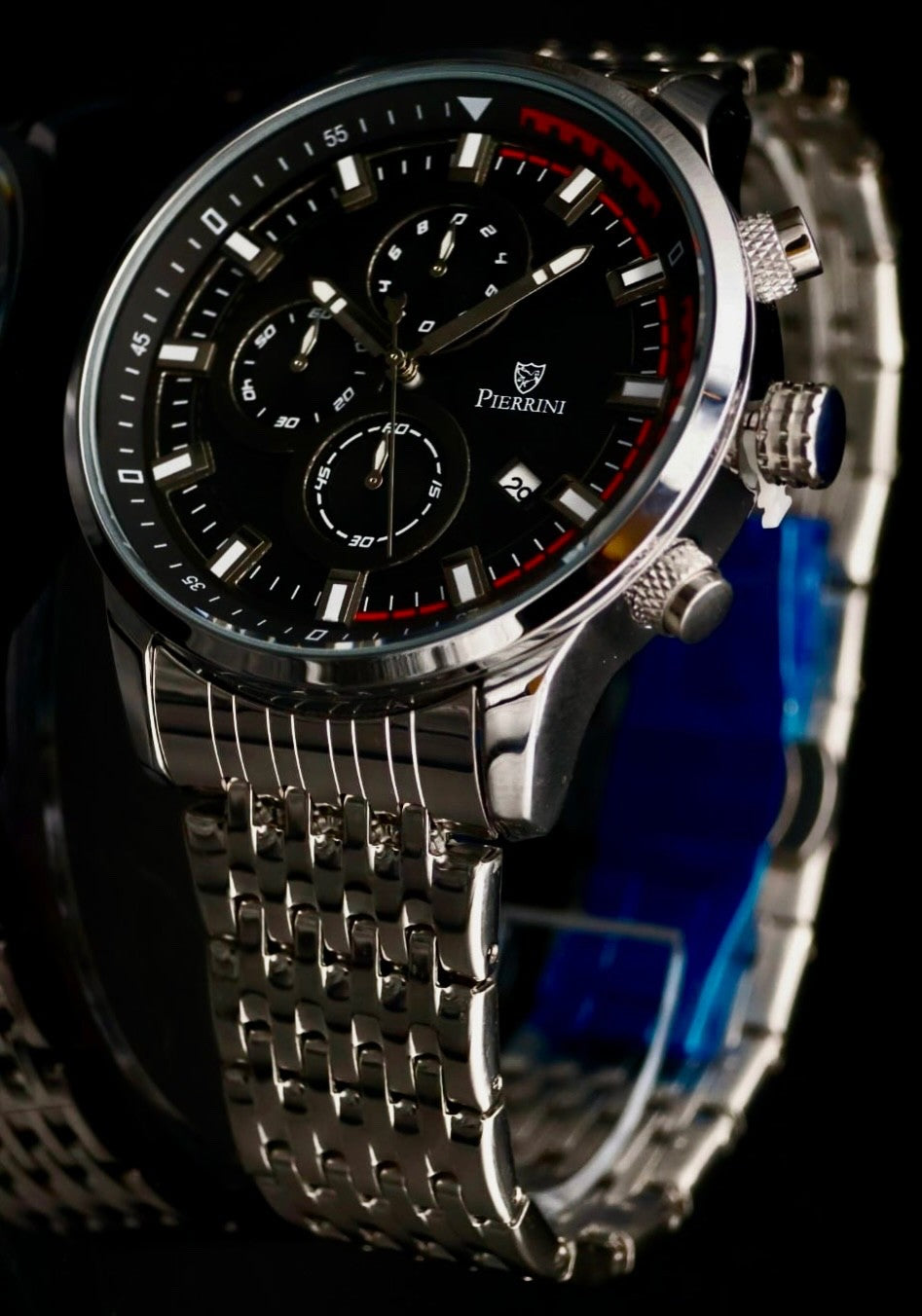 Pierrini Herren Armband Uhr Chronograph Stoppuhr Datum Schwarz Silber Farben #681