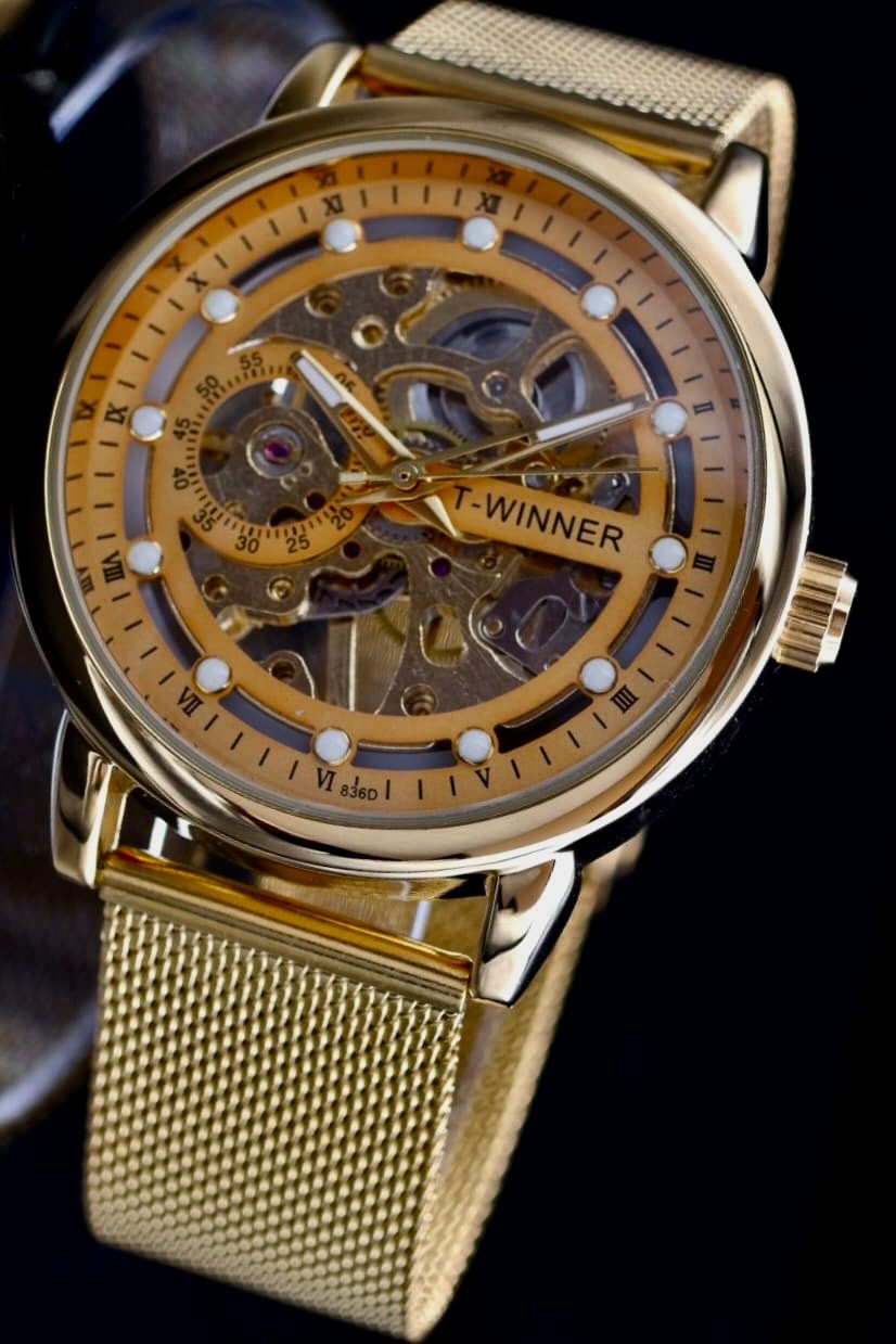 Winner Herren Automatikuhr Gold Mechanisch Melanaise Armband Skelett Uhr Neu0