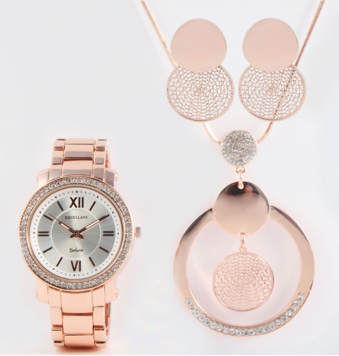 Excellanc Damen Geschenkset Armbanduhr Halskette und Ohrringe Weiß Rosé Farben2