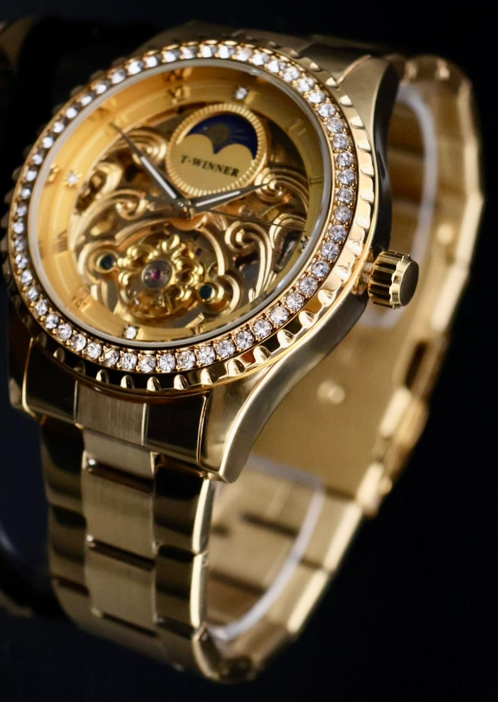 Mega Winner  Herren Automatik Armband Uhr Gold Farben mit Strass + offene Unruh0