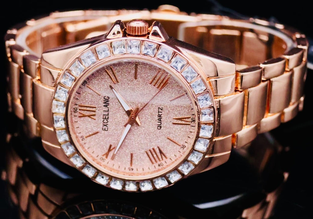 Excellanc Damen Armband Uhr Rosé Farben Damenuhr Strass 12 Stunden Anzeige1