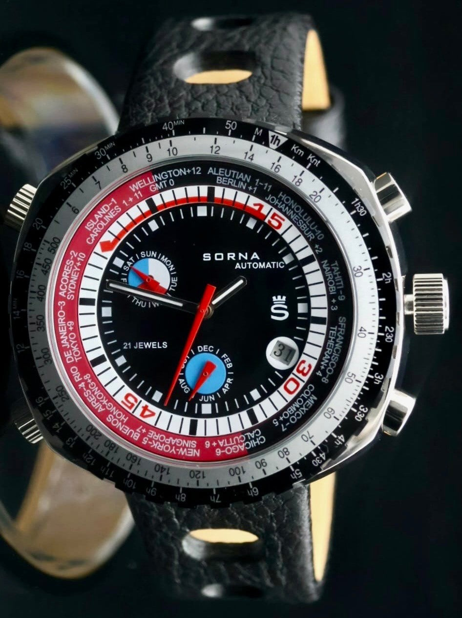 Sorna Herrenuhr Armband Automatik Uhr BULLHEAD NOS-STYLE Worldtimer Watch NEU2