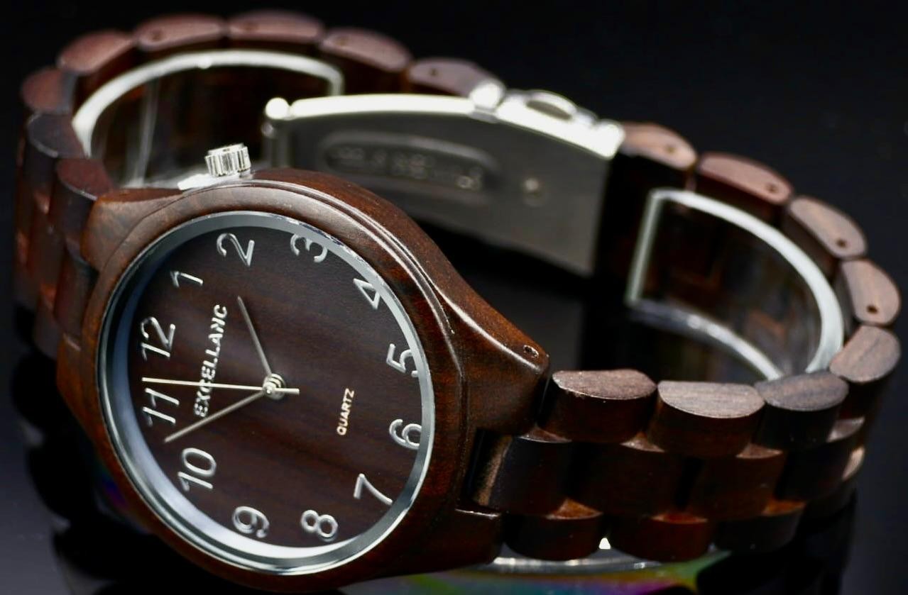 Excellanc Damen Frauen Holz Armband Uhr Dunkelbraun Farben Damenuhr Schwarzholz1